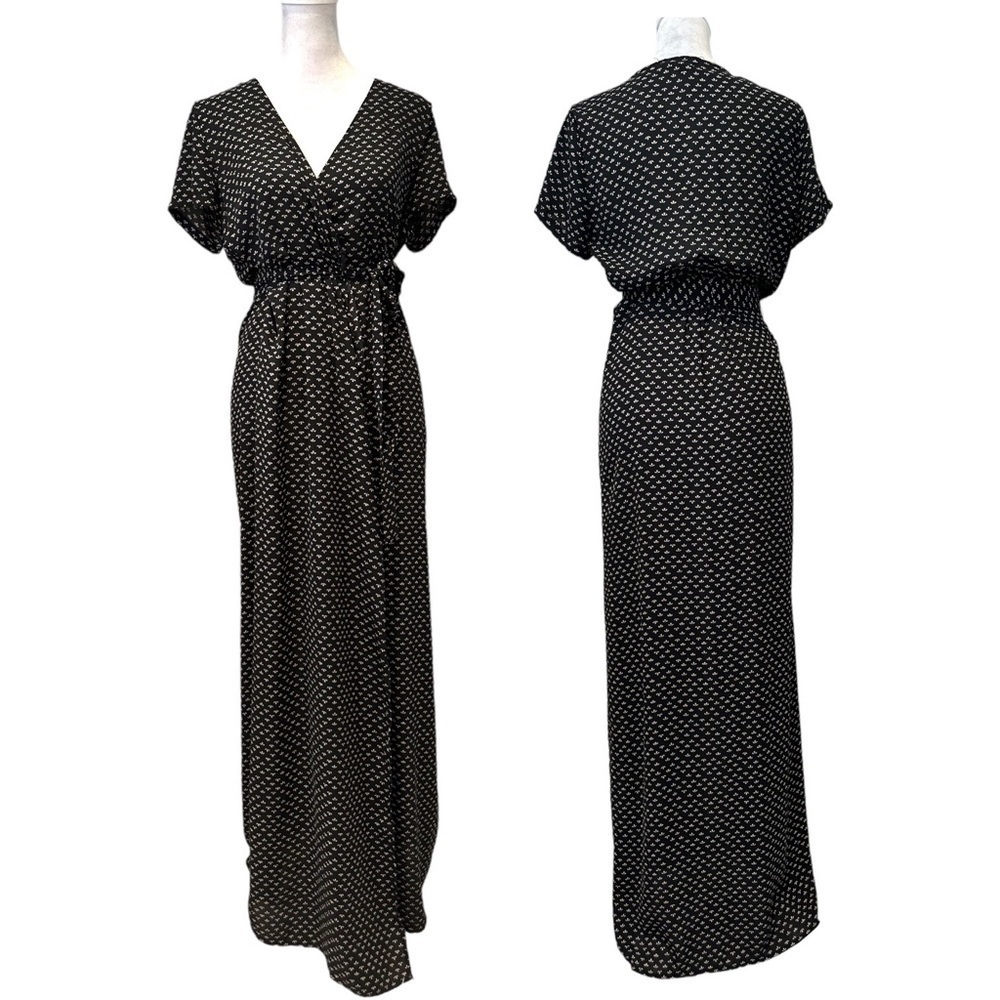 Olivaceous Women's Short Sleeve Black with taupe pattern Maxi Wrap dress - SMALL